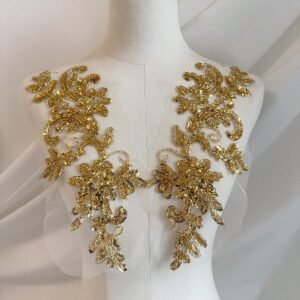 Gold floral lace applique embroidery patches, symmetrical pair for dresses