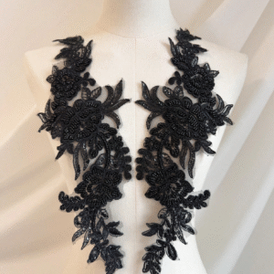 Symmetrical Black Beaded Floral Lace Applique Pair with Dense Beadwork & Floral Motifs