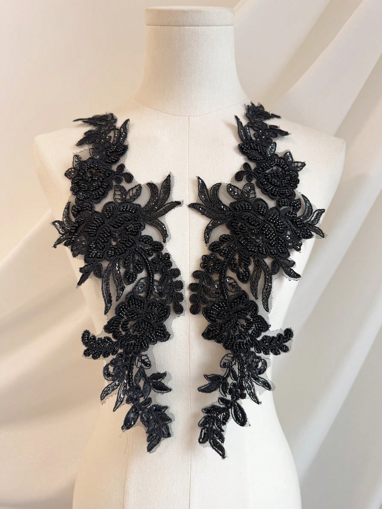 Symmetrical Black Beaded Floral Lace Applique Pair with Dense Beadwork & Floral Motifs