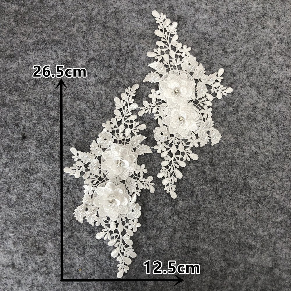 White 3D water soluble embroidery applique with beads, hollow floral lace patch