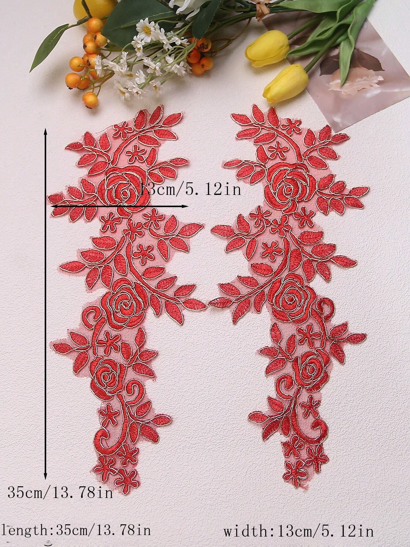 Symmetrical Rose Vine Lace Applique Pair with Flowing Leaf Structure - 图片 2