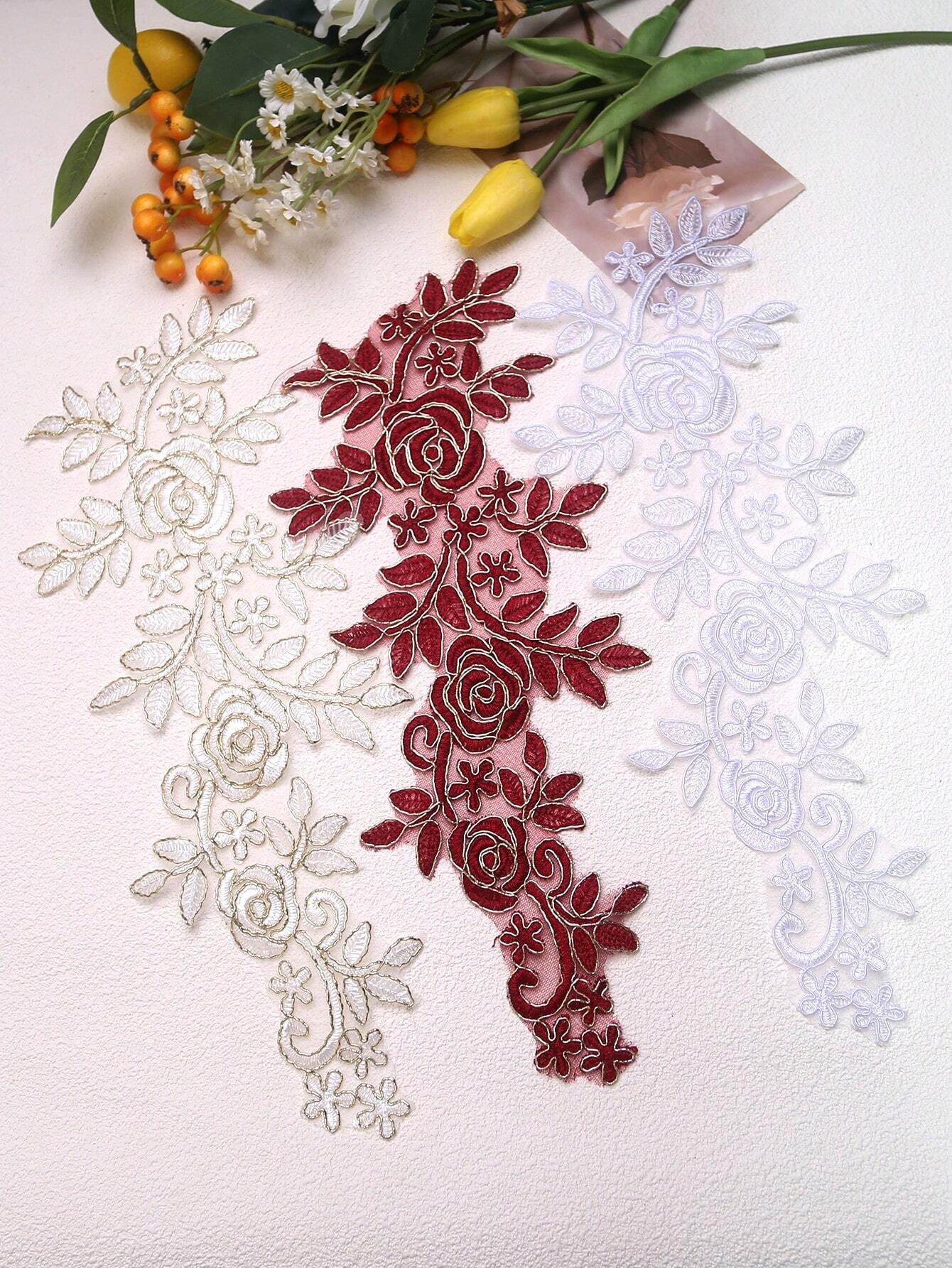 Symmetrical Rose Vine Lace Applique Pair with Flowing Leaf Structure - 图片 4