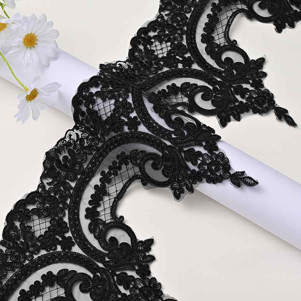 Black Bone structured embroidered lace trim for skirts, gowns, and bridal wear