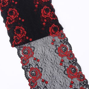 Stretchable black lace with floral embroidery, ideal for a variety of projects and designs