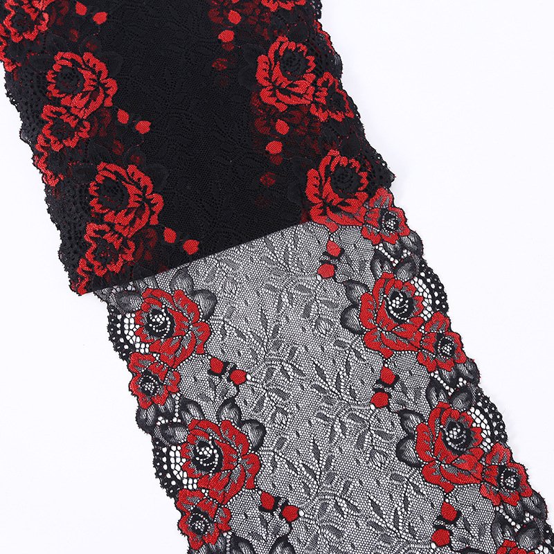 Stretchable black lace with floral embroidery, ideal for a variety of projects and designs