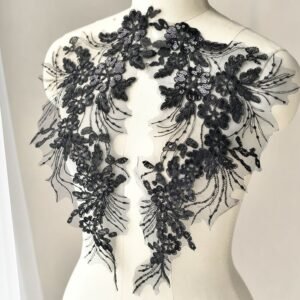 Black floral lace applique with sequins, neckline embroidery decoration for fashion design