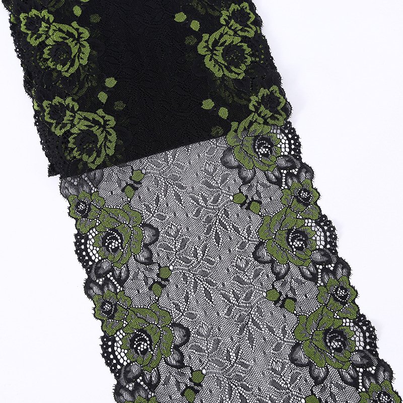 Black elastic lace trim with delicate floral embroidery, ideal for adding modern elegance