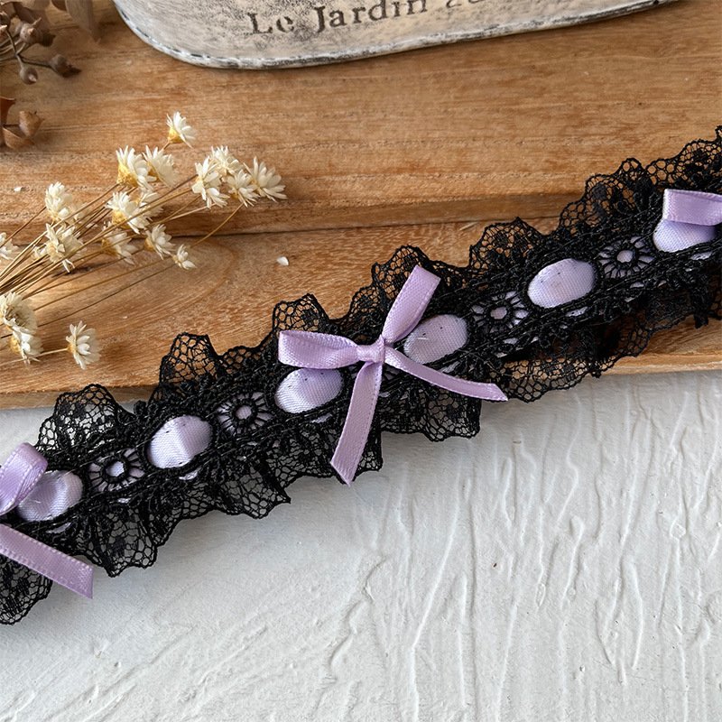 Black Lolita Lace Trim with Light Purple Bows, 3.8cm Width Sewing Lace