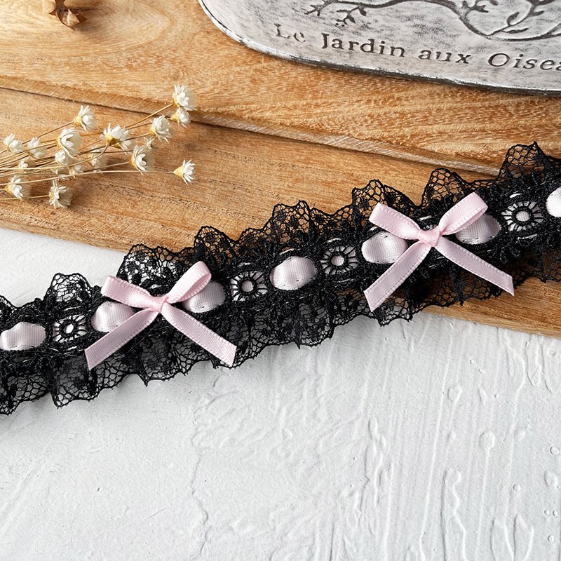 Black Lolita Bow Lace Trim with Purple Decoration, 3.8cm Width for DIY Sewing