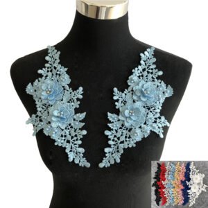 Blue water soluble embroidery applique with pearls, 3D lace decoration patch