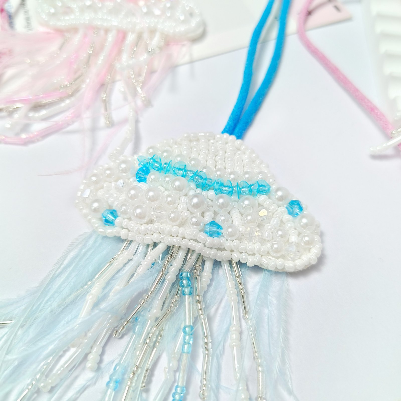Blue jellyfish embroidery pendant handmade beaded applique DIY ocean lace accessory