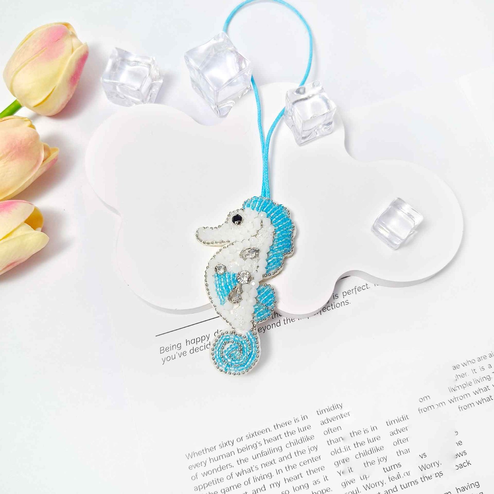 Blue seahorse embroidery pendant handmade beaded lace applique DIY ocean style accessory