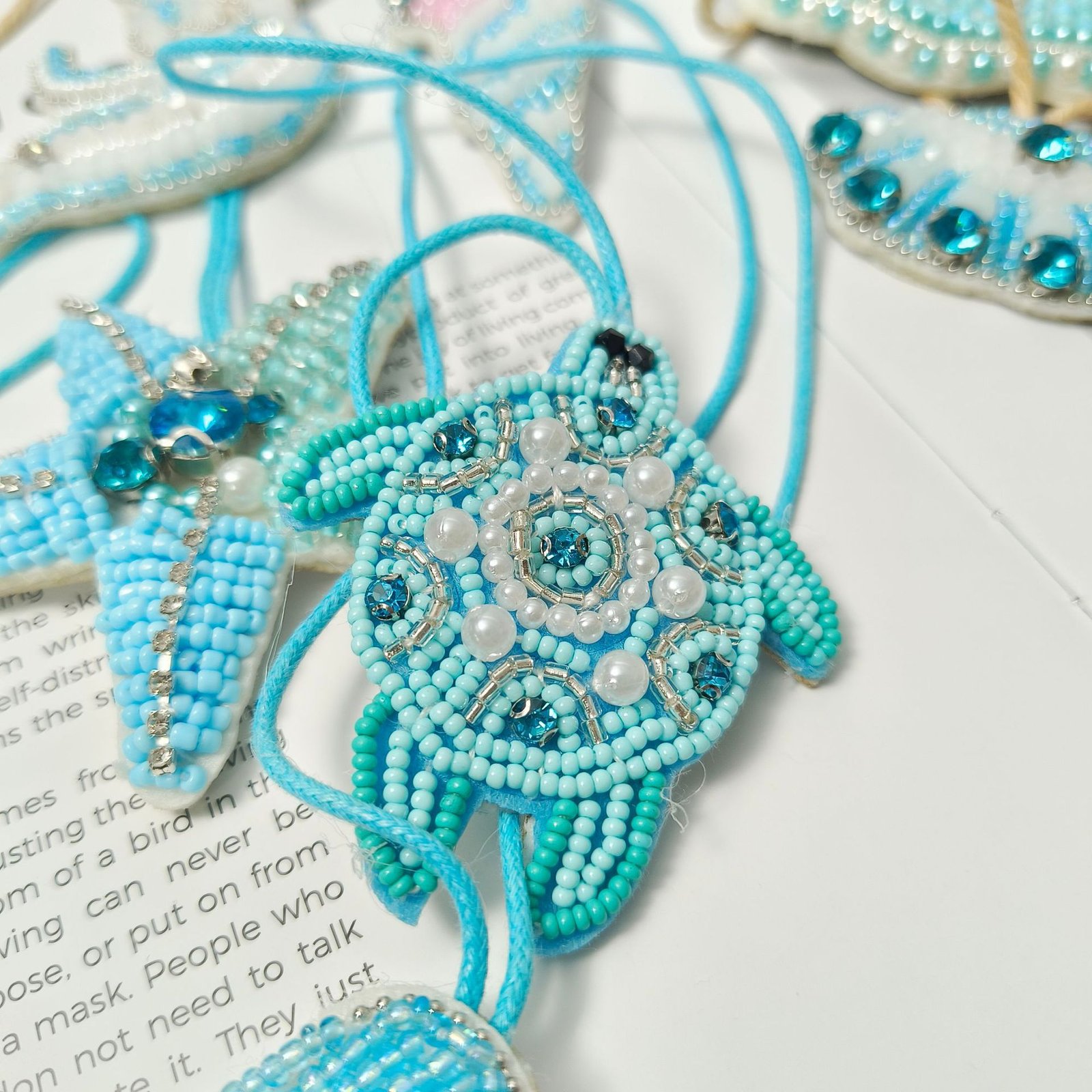 Blue turtle embroidery pendant handmade beaded applique DIY ocean lace accessory