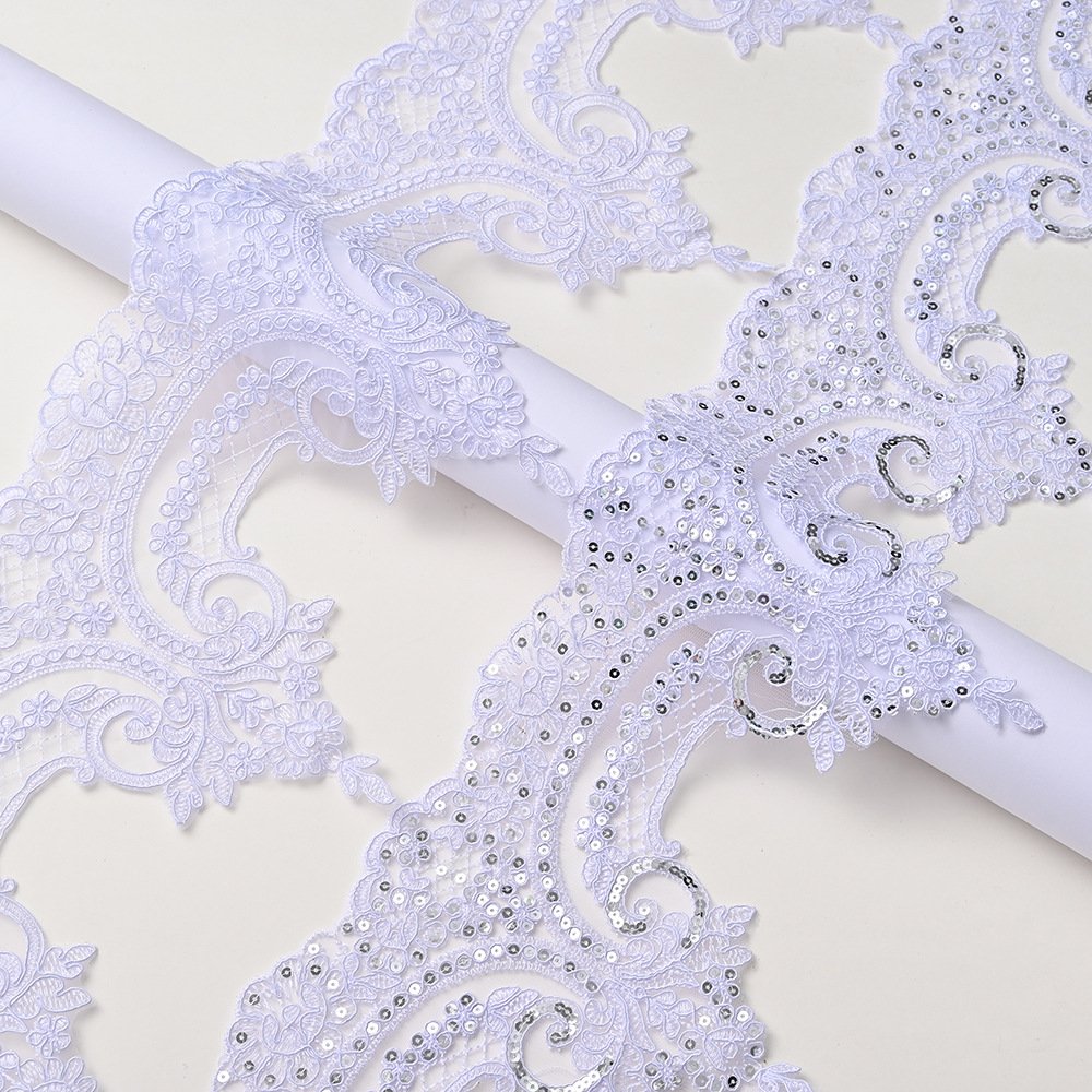 Bone structured embroidered lace trim for skirts, gowns, and bridal wear