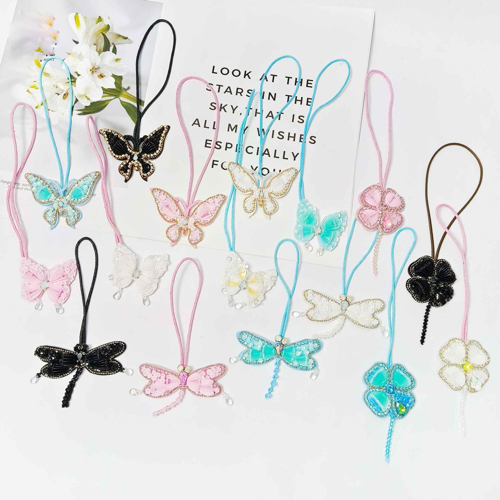 Set of embroidery pendants butterfly and flower handmade lace applique DIY accessories