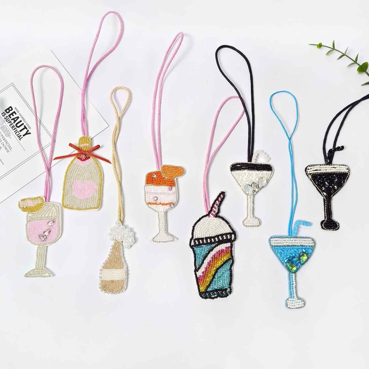 Set of handmade cocktail and drink themed beaded embroidery appliques DIY fashion pendants