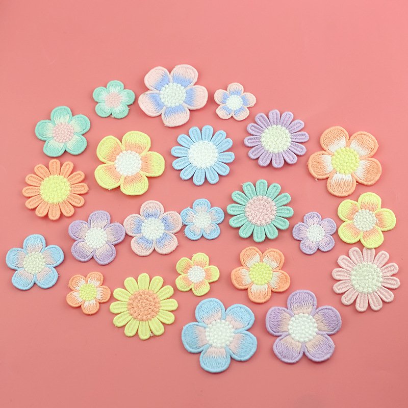 Set of colorful crochet daisy appliques handmade yarn embroidery patches for DIY sewing and decoration