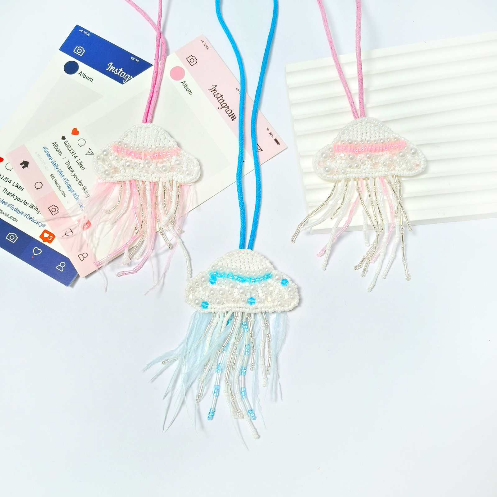 Set of colorful jellyfish embroidery pendants handmade beaded applique DIY ocean craft accessories