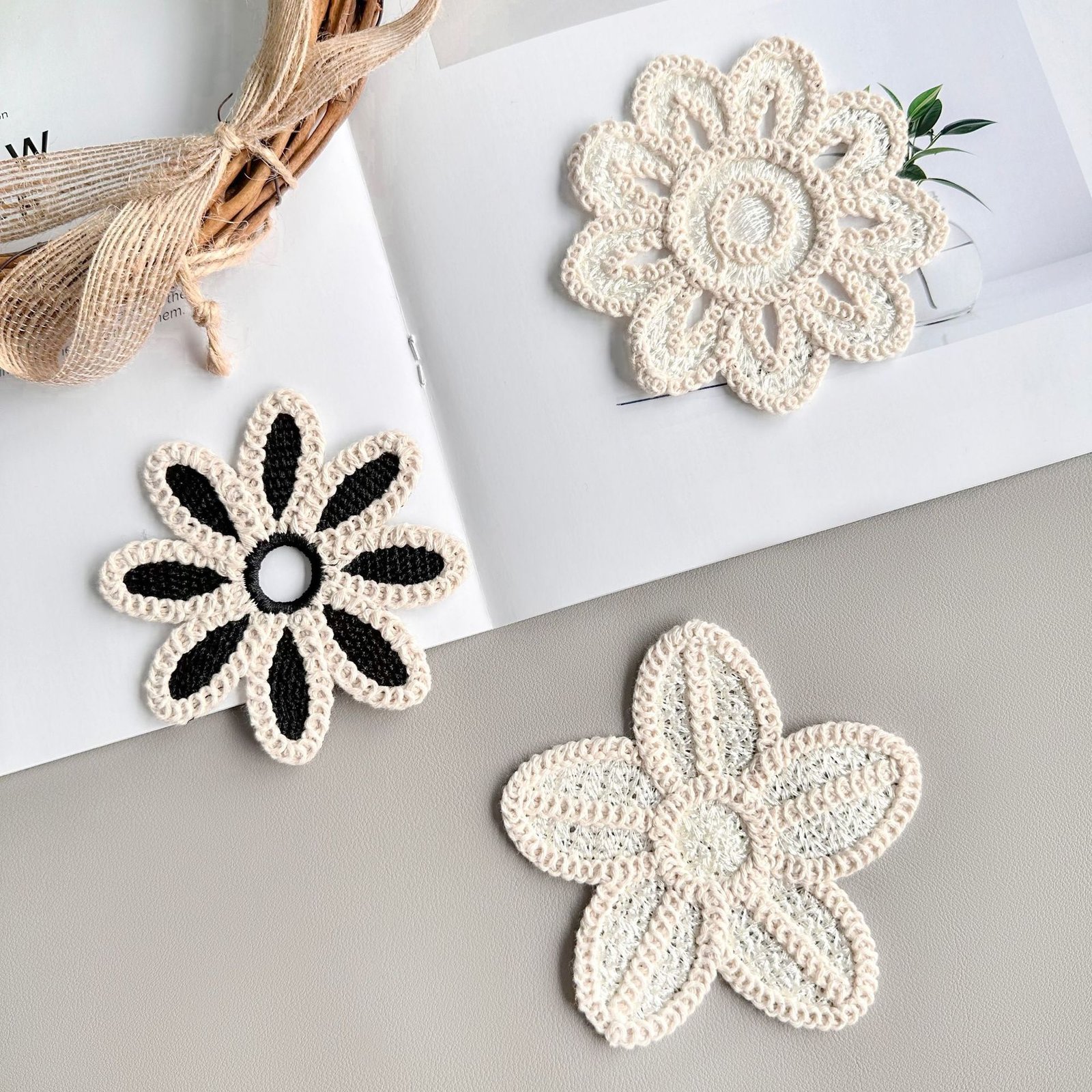 Set of handmade crochet flower lace appliques water soluble embroidery patches for DIY clothing and crafts