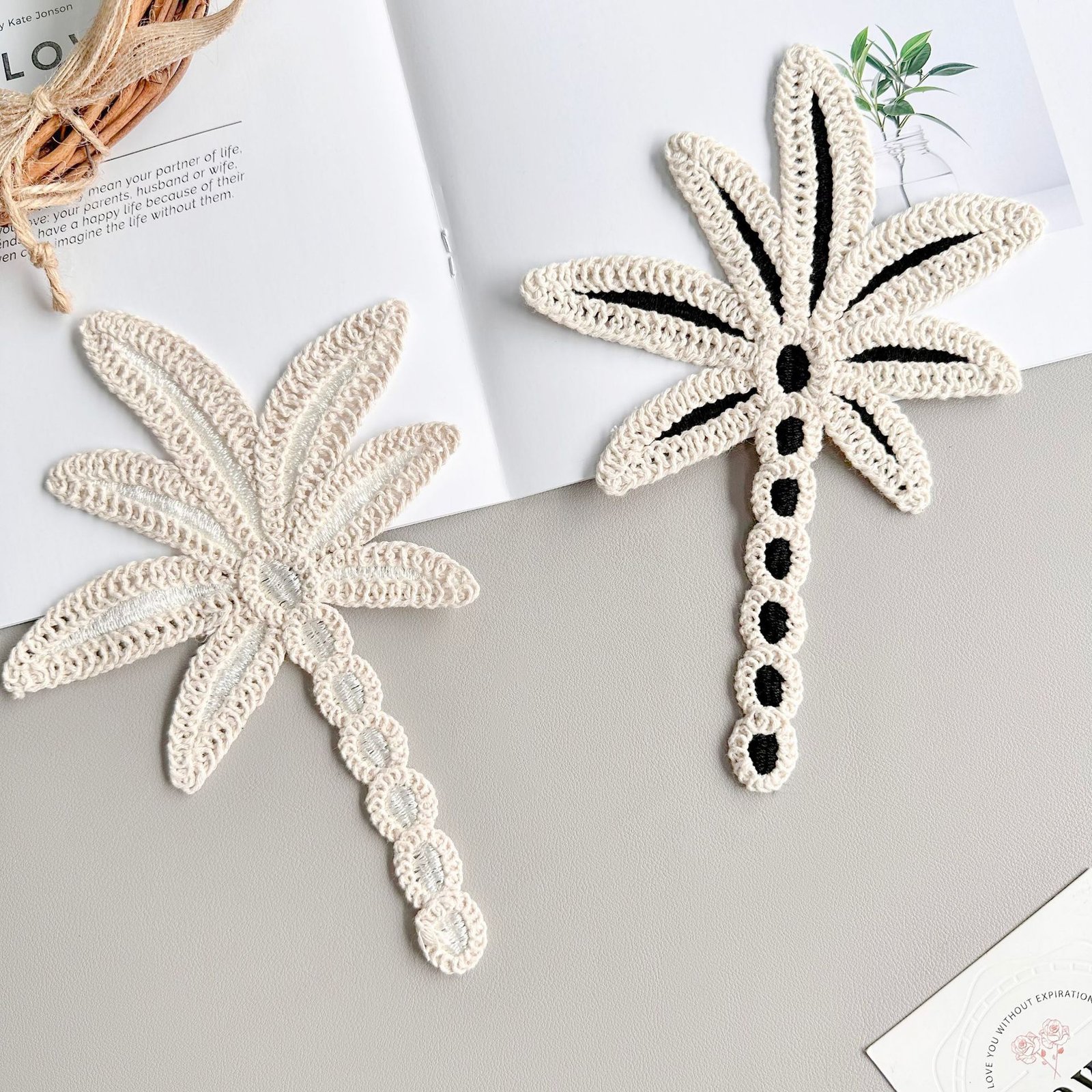 Handmade crochet palm leaf lace applique water soluble embroidery patch for DIY crafts clothing accessories