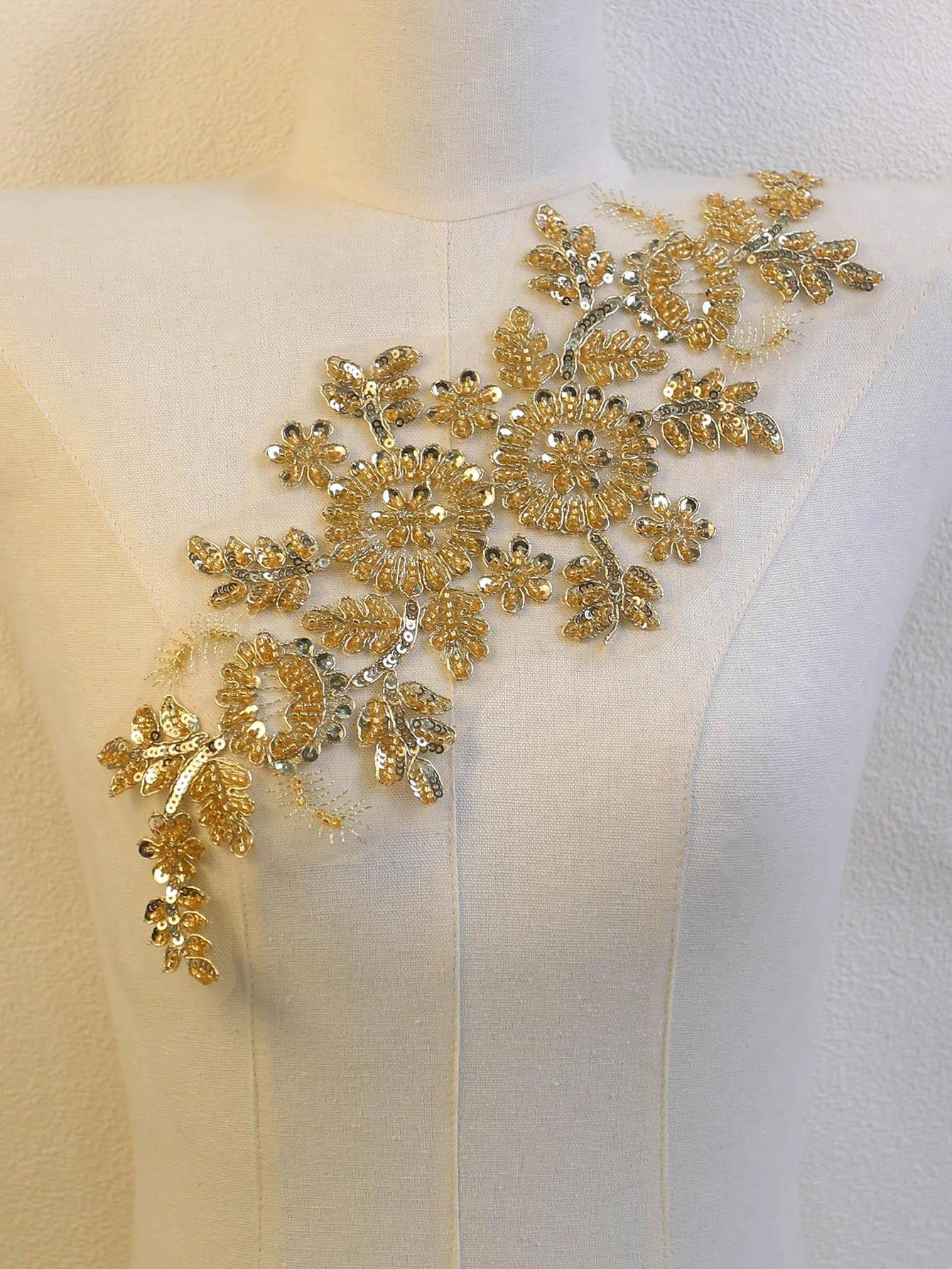 Gold Sequin Floral Vine Applique with Beaded Embroidery
