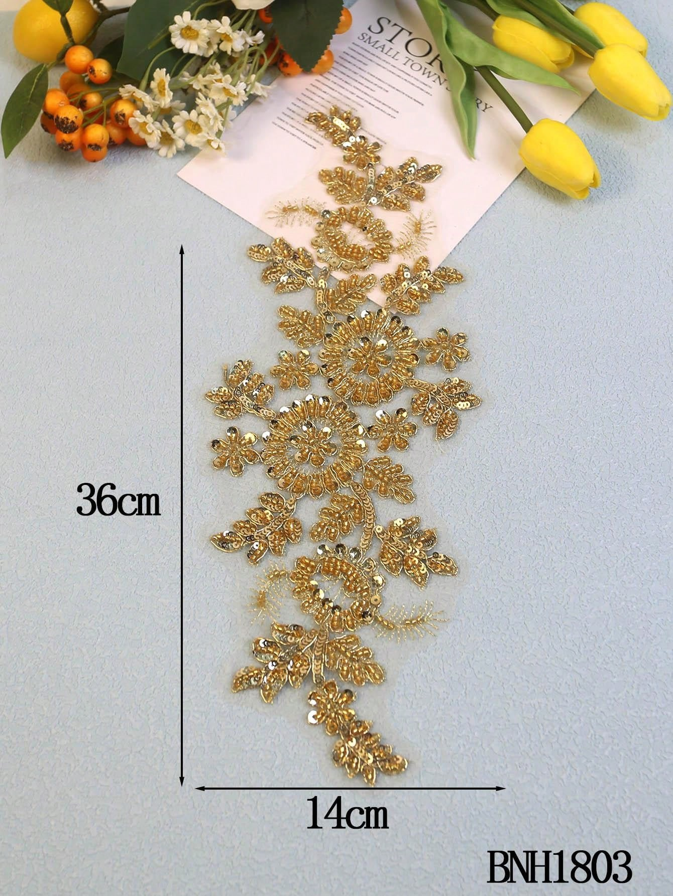 Gold Sequin Floral Vine Applique with Beaded Embroidery - 图片 2