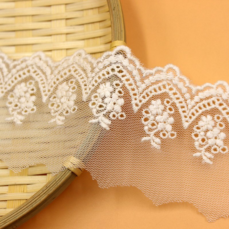 Detailed view of embroidered lace with floral motifs, ideal for wedding gowns, skirts, and home décor
