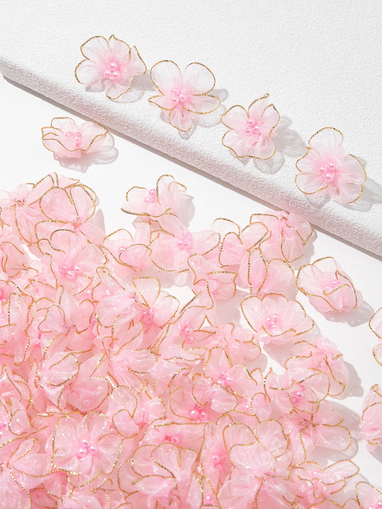 Gold-Edged Organza Flower Appliqué with Pearl Center - 图片 3