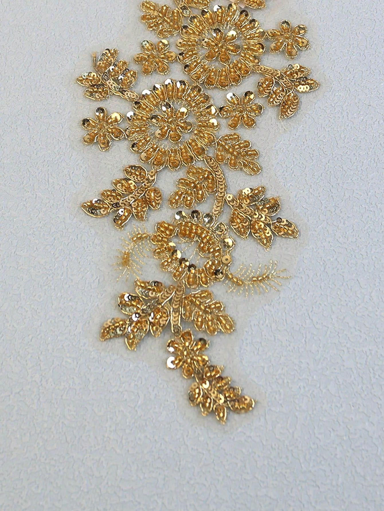 Gold Sequin Floral Vine Applique with Beaded Embroidery - 图片 3