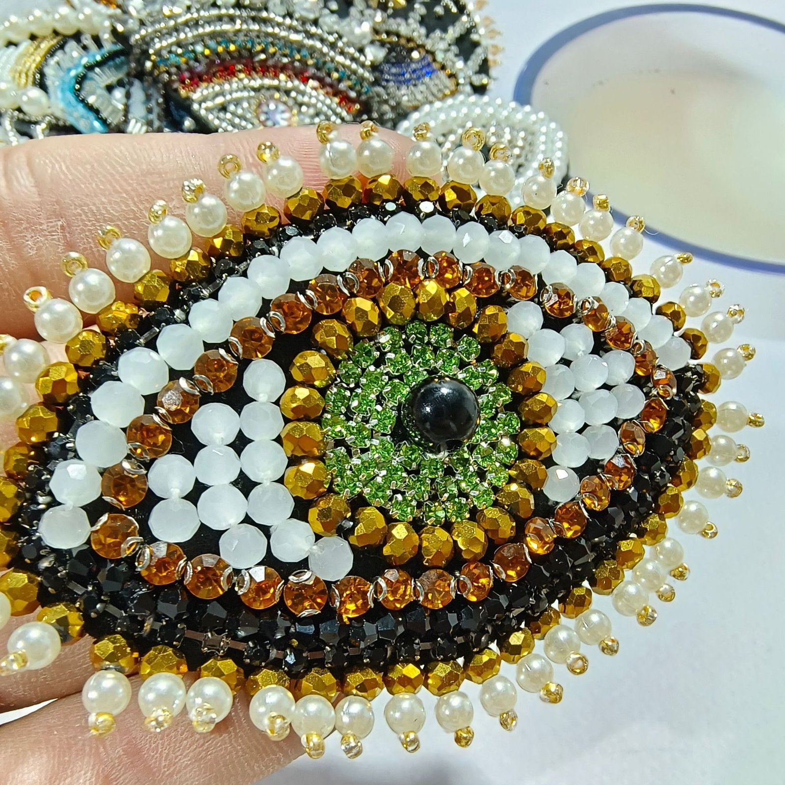Golden evil eye embroidery beaded pendant handmade applique mystical protective charm