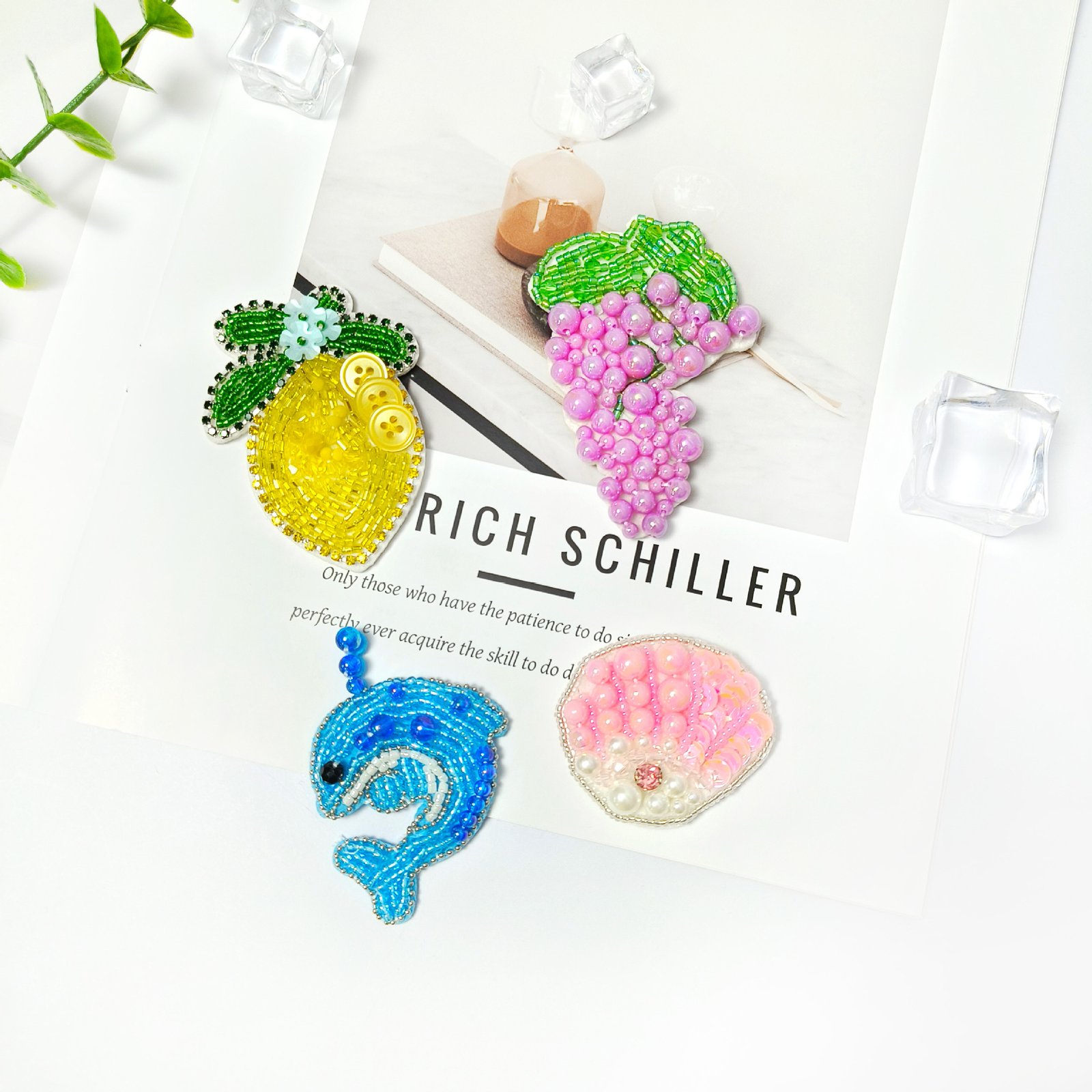 Purple grape and yellow lemon with blue dolphin beaded embroidery applique handmade patch