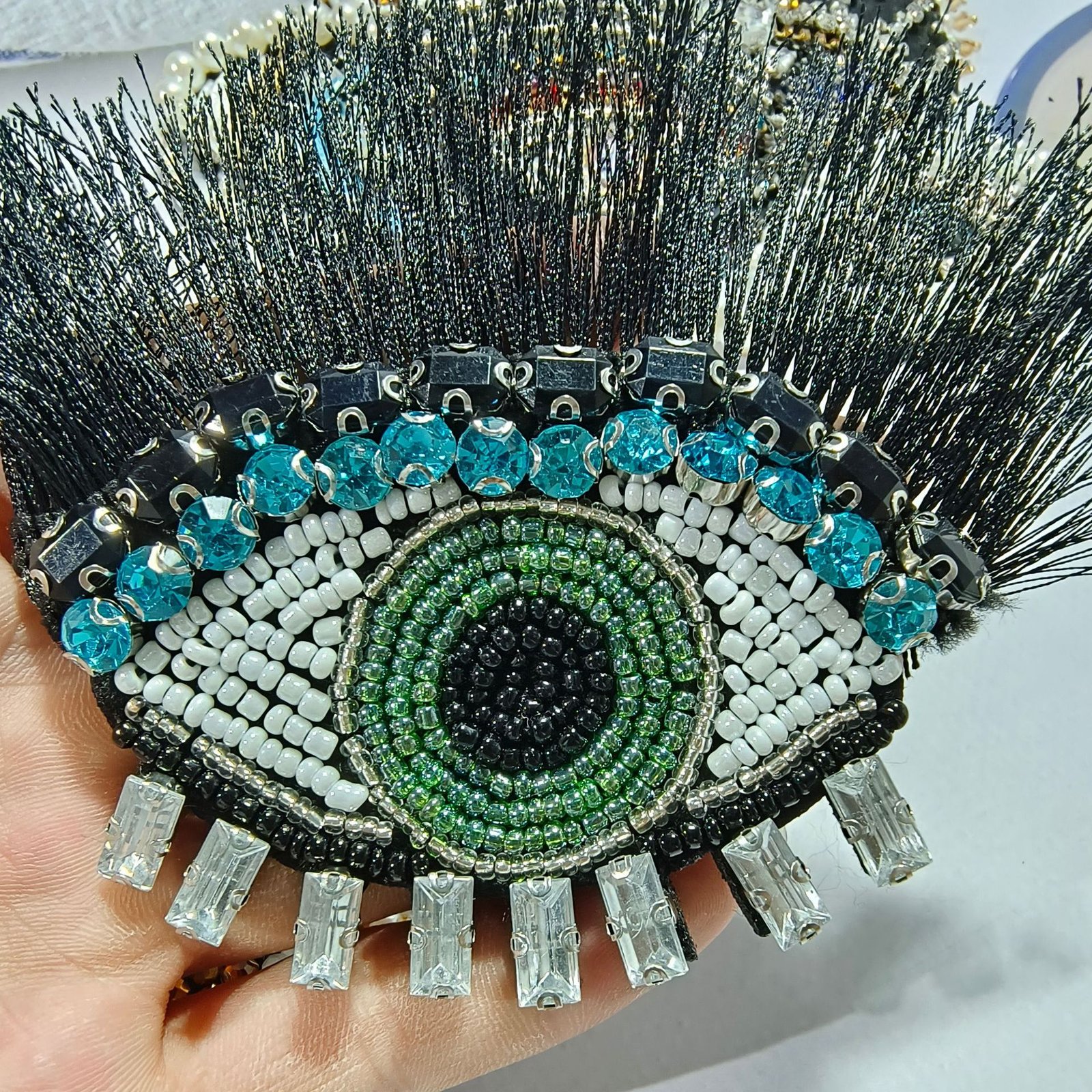 Green evil eye beaded embroidery pendant handmade lace applique DIY protective accessory