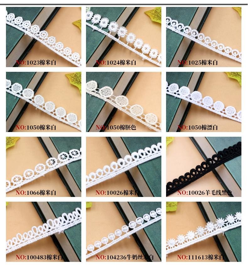 Elegant white water-soluble lace trim, perfect for adding delicate accents to dresses and skirts