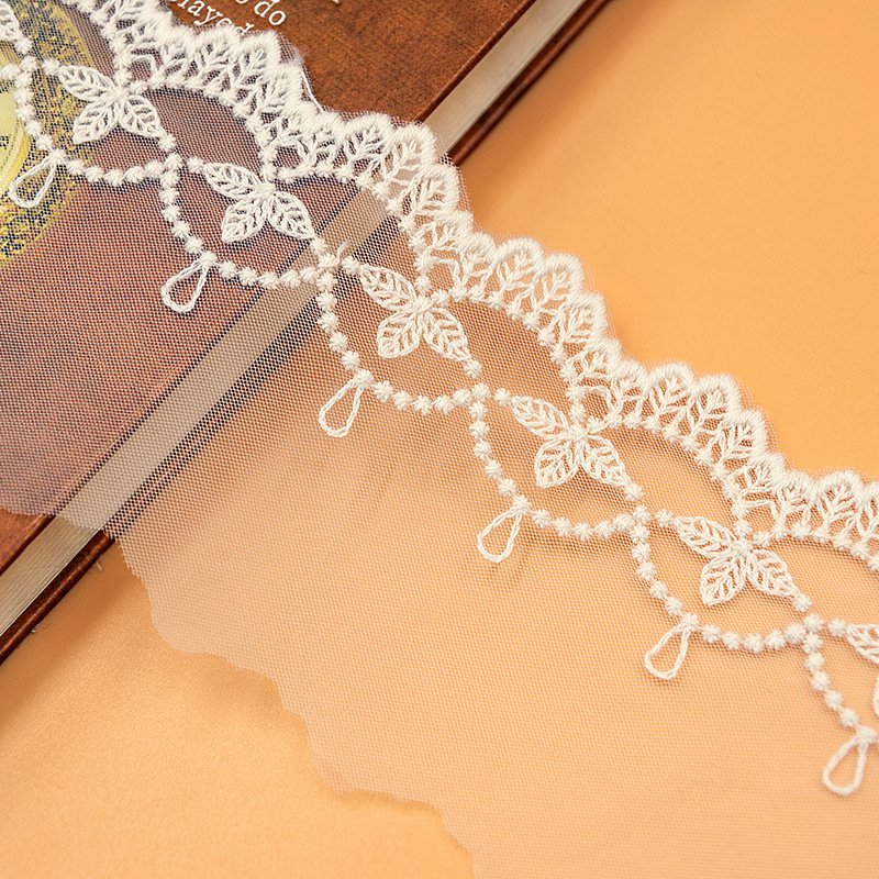 Leaf embroidery tulle lace trim for dress neckline and handmade sewing