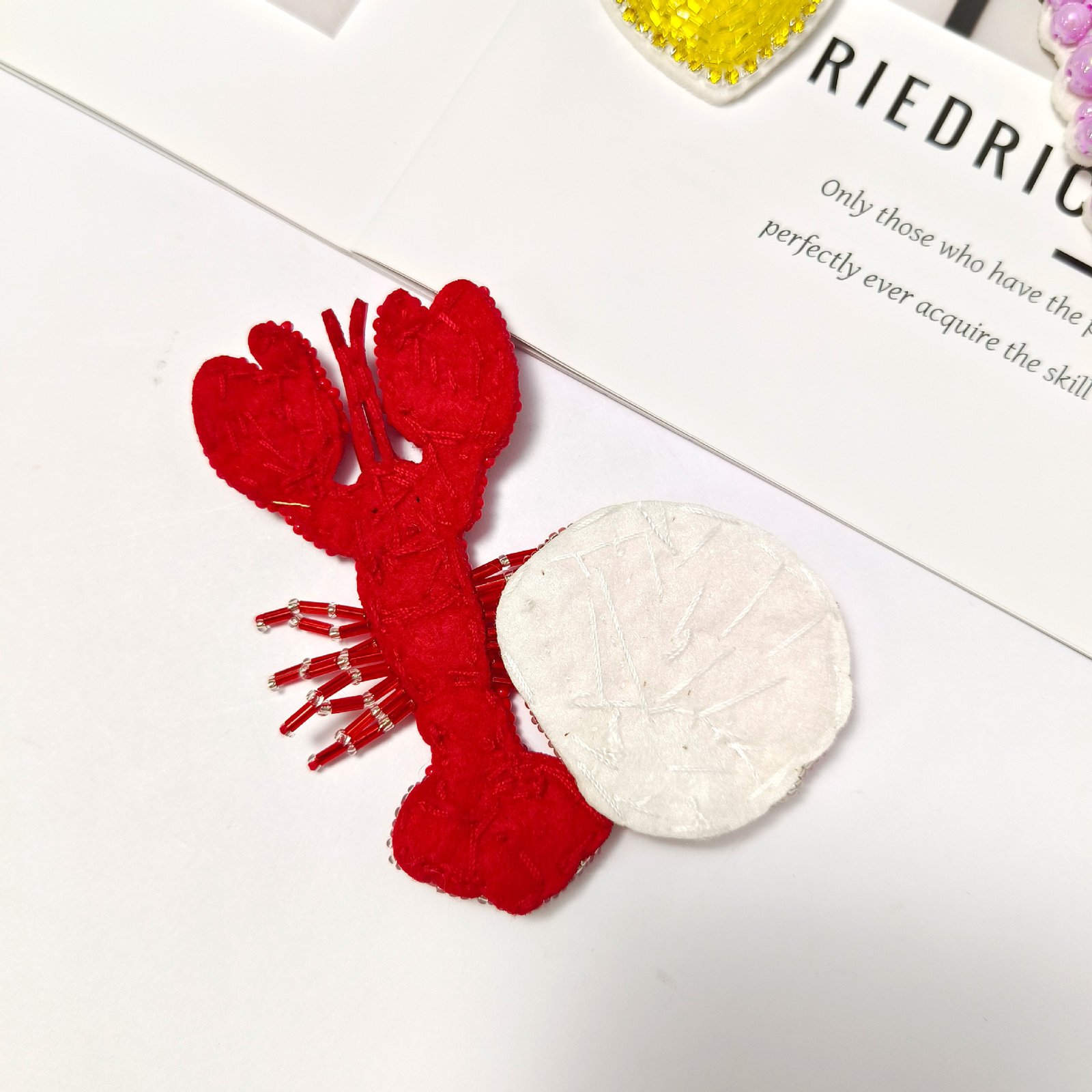 Red lobster and white seashell beaded embroidery applique handmade patch DIY craft accessory
