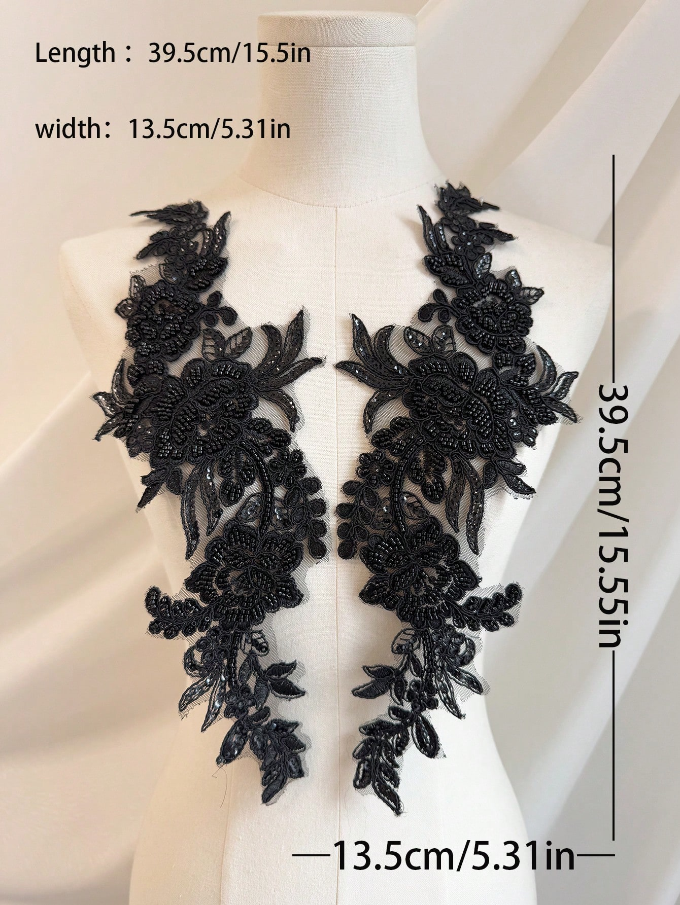 Symmetrical Black Beaded Floral Lace Applique Pair with Dense Beadwork & Floral Motifs - 图片 4