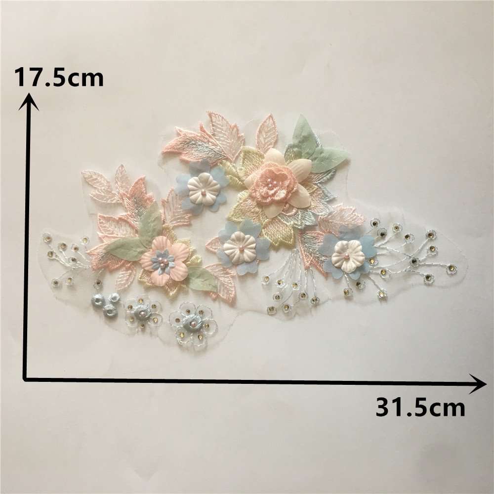 Luxury lace applique with pearls, 3D flower embroidery on tulle mesh fabric