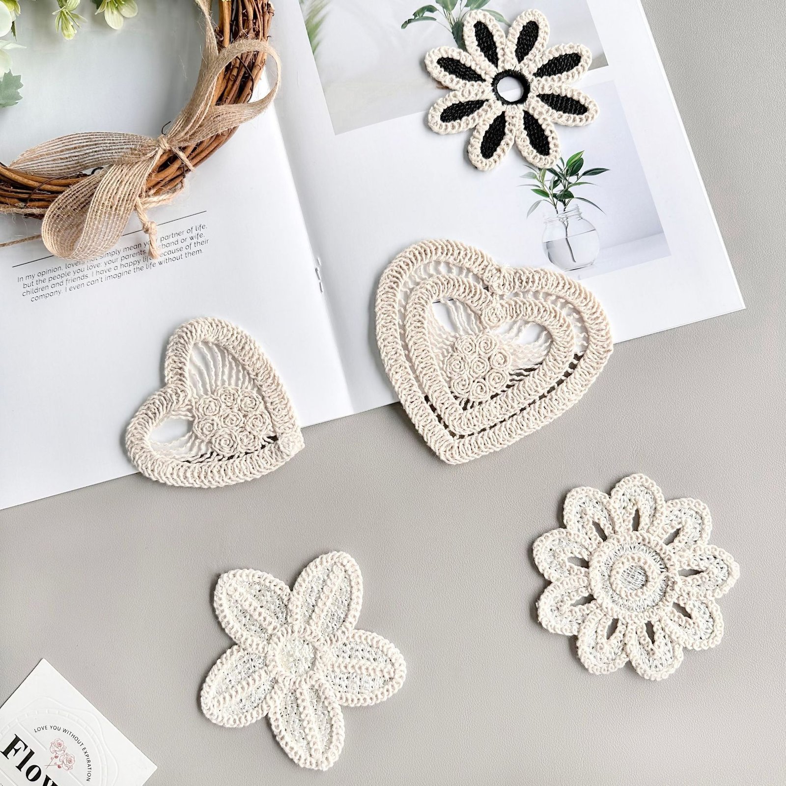 Mixed set of crochet heart and flower lace appliques handmade embroidery patches for DIY sewing and decoration