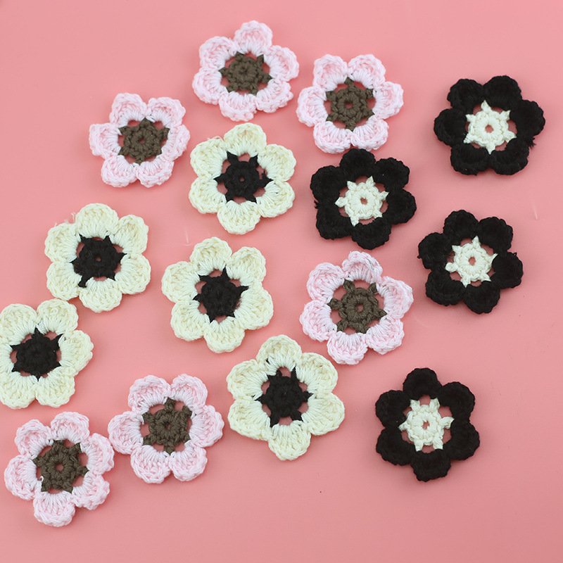 Mixed set of crochet flower appliques in black, white and pink handmade cotton yarn embroidery patches