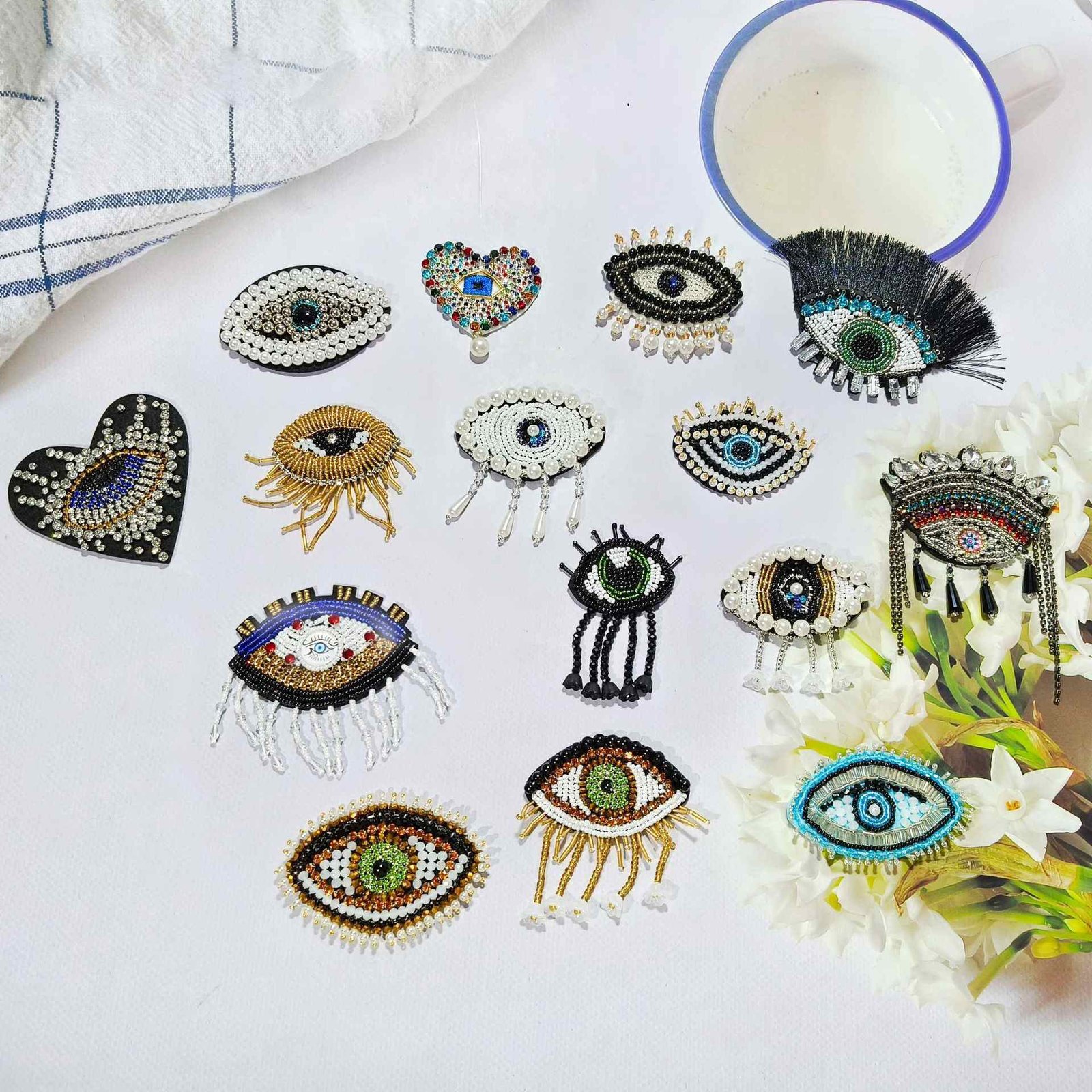 Beaded evil eye embroidery pendants handmade protective applique DIY jewelry and decoration set