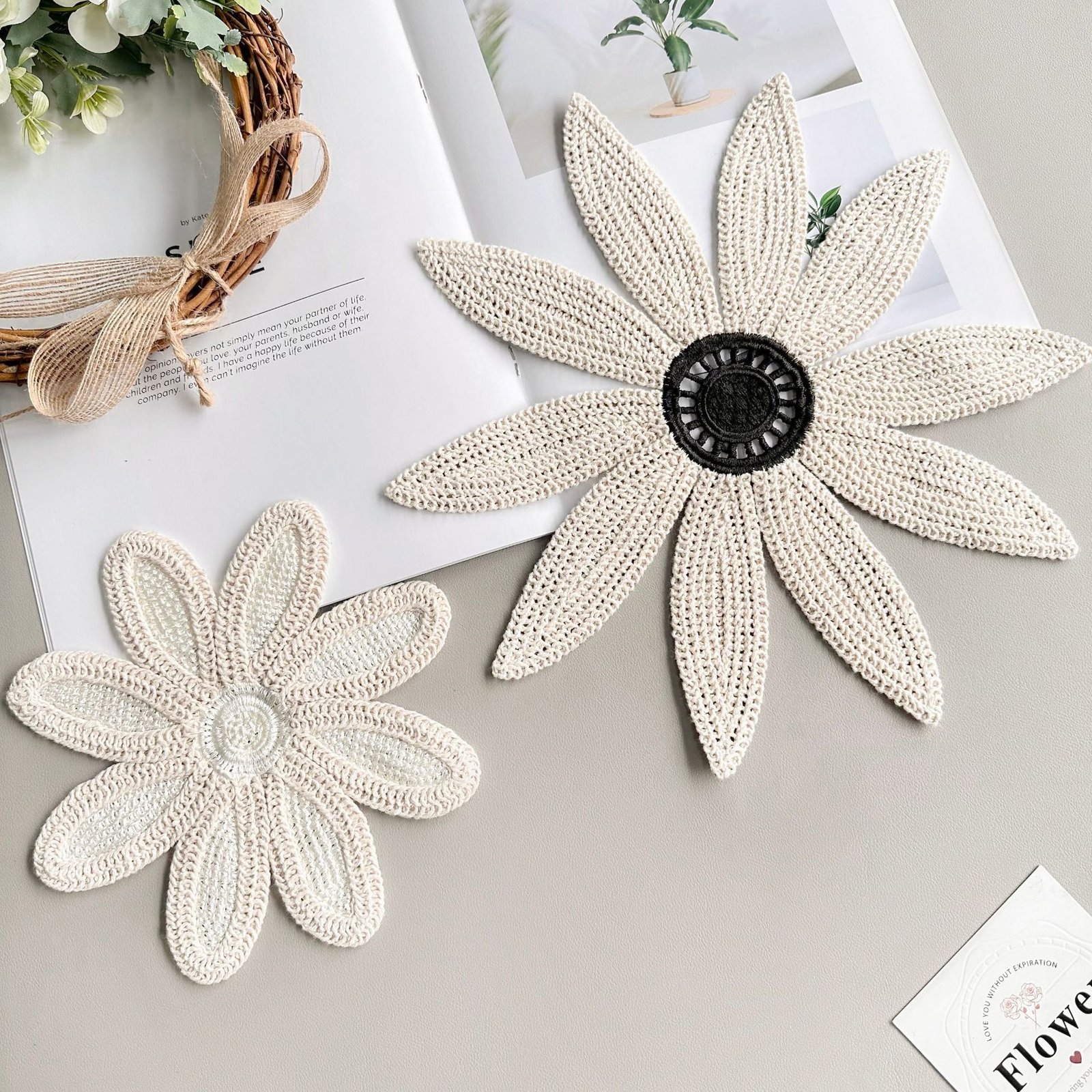 Set of large crochet flower appliques handmade water soluble lace embroidery patches for DIY clothing