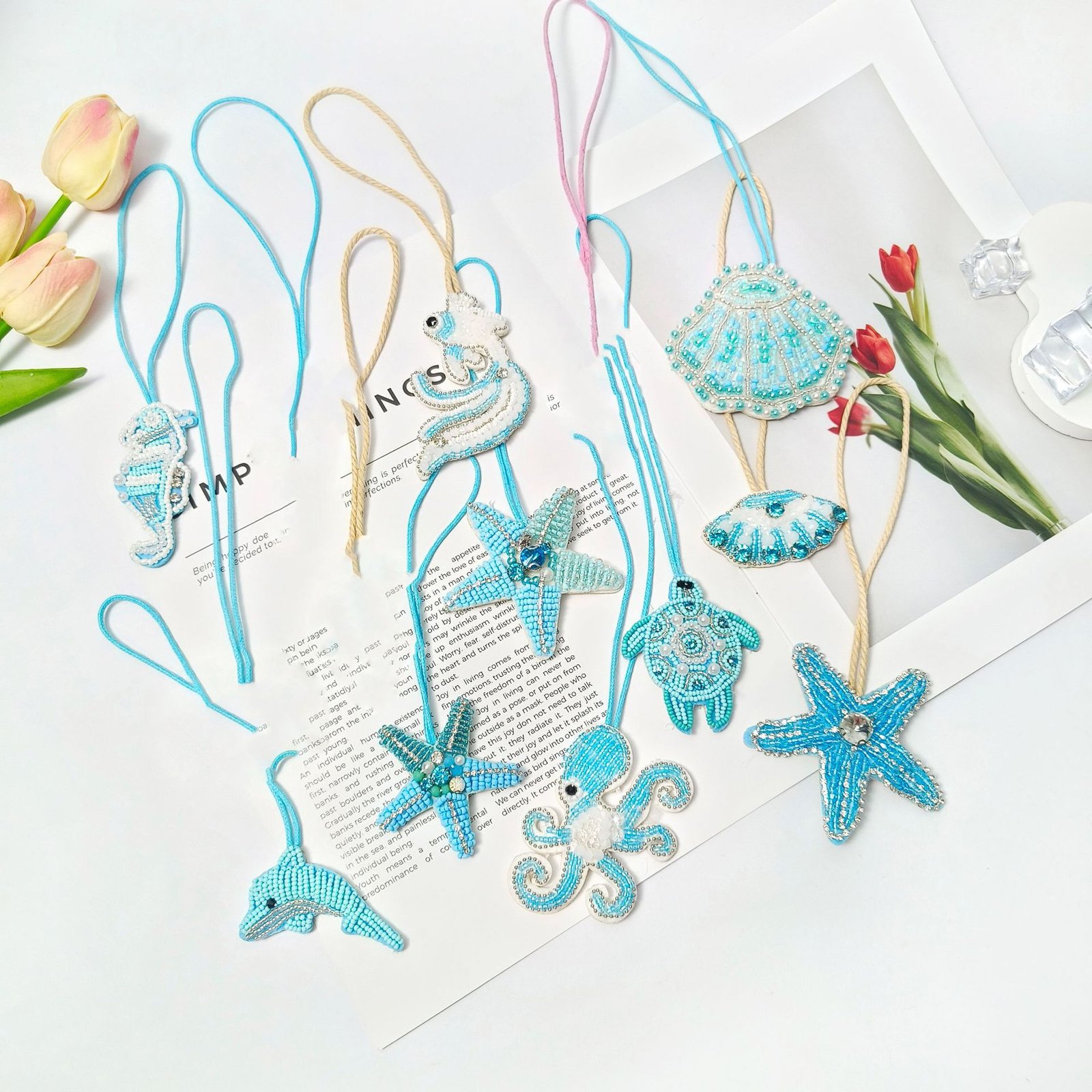 Set of ocean animal embroidery pendants including starfish turtle jellyfish shell and crab handmade applique DIY accessories