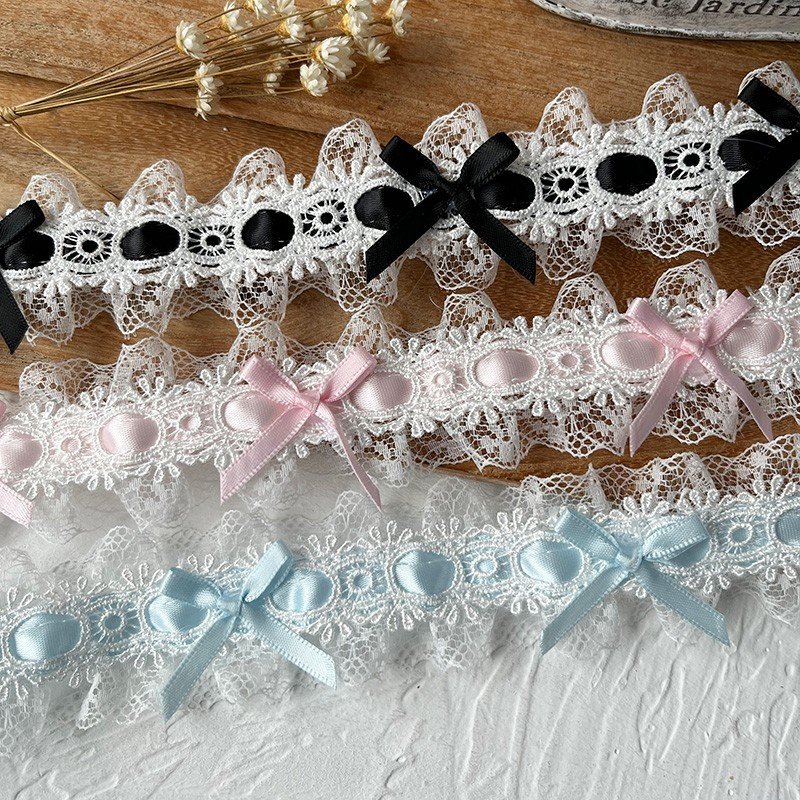 Multicolor Lolita Bow Lace Trim with Black, Pink, Blue Bows, 3.8cm Width