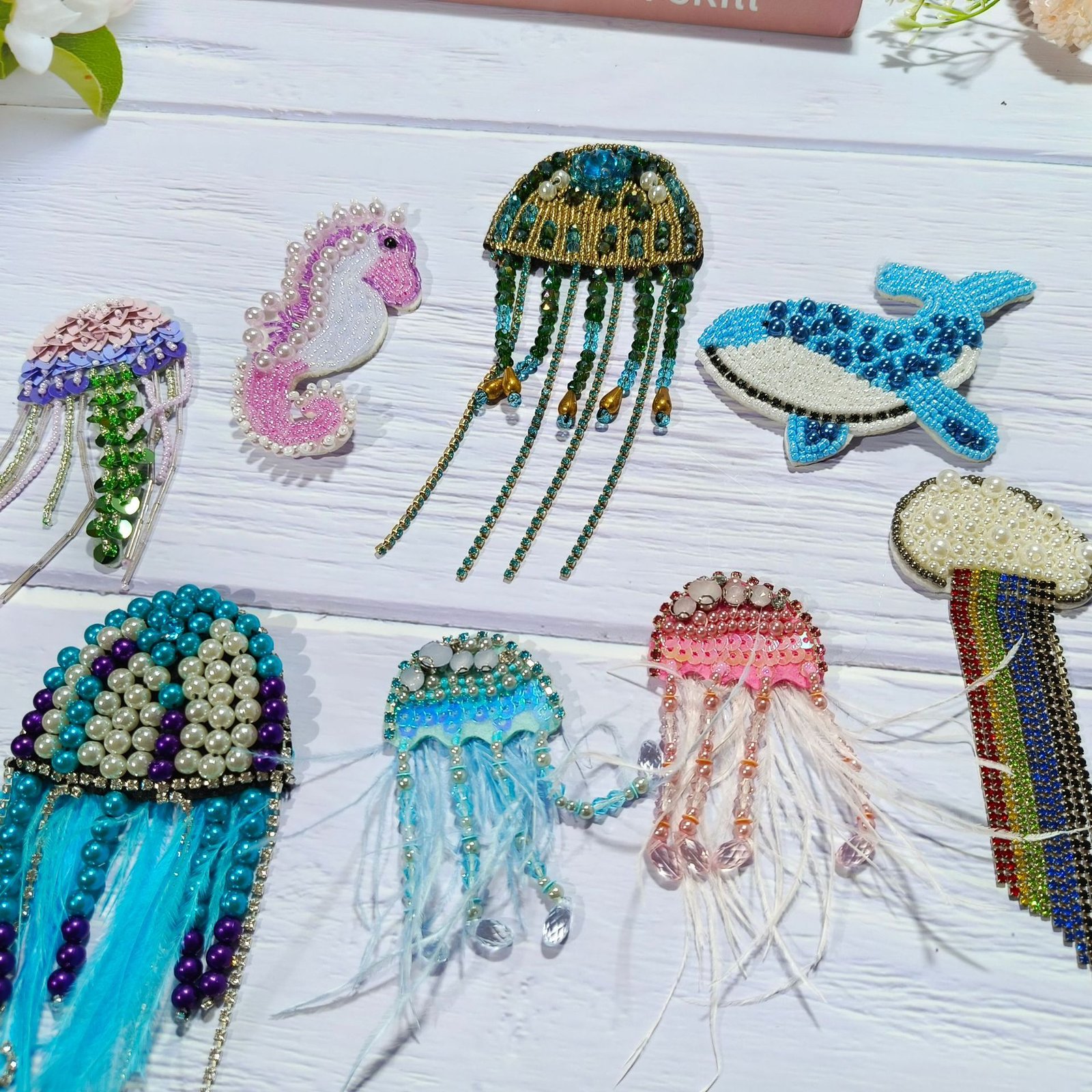 Collection of ocean animal beaded embroidery appliques including jellyfish seahorse whale handmade patches