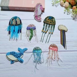 Set of ocean animal beaded embroidery appliques including seahorse jellyfish starfish whale handmade patches