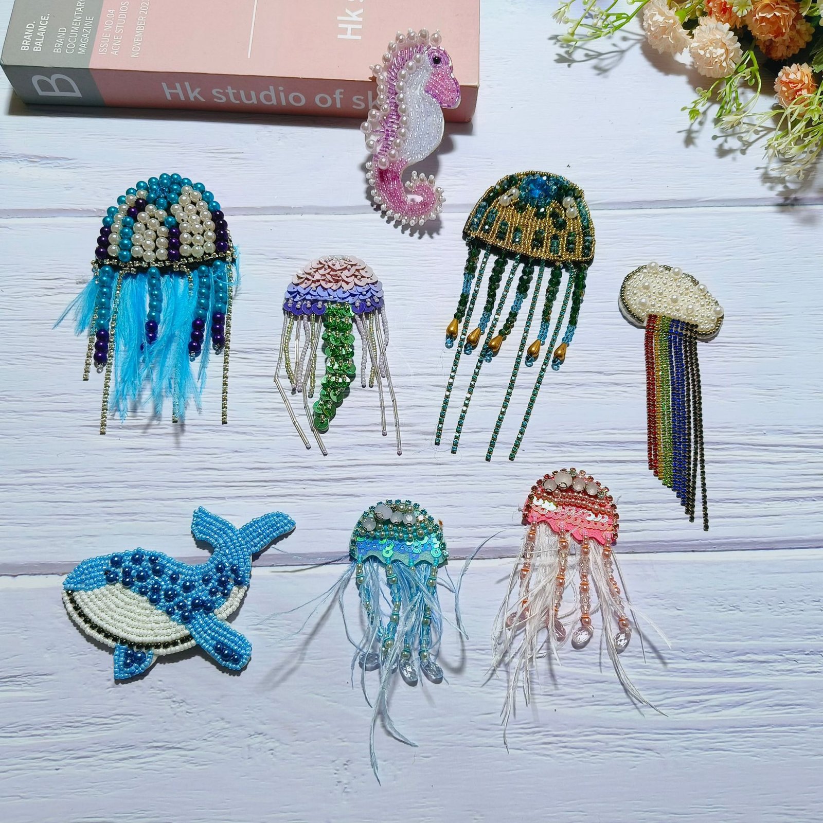 Set of ocean animal beaded embroidery appliques including seahorse jellyfish starfish whale handmade patches