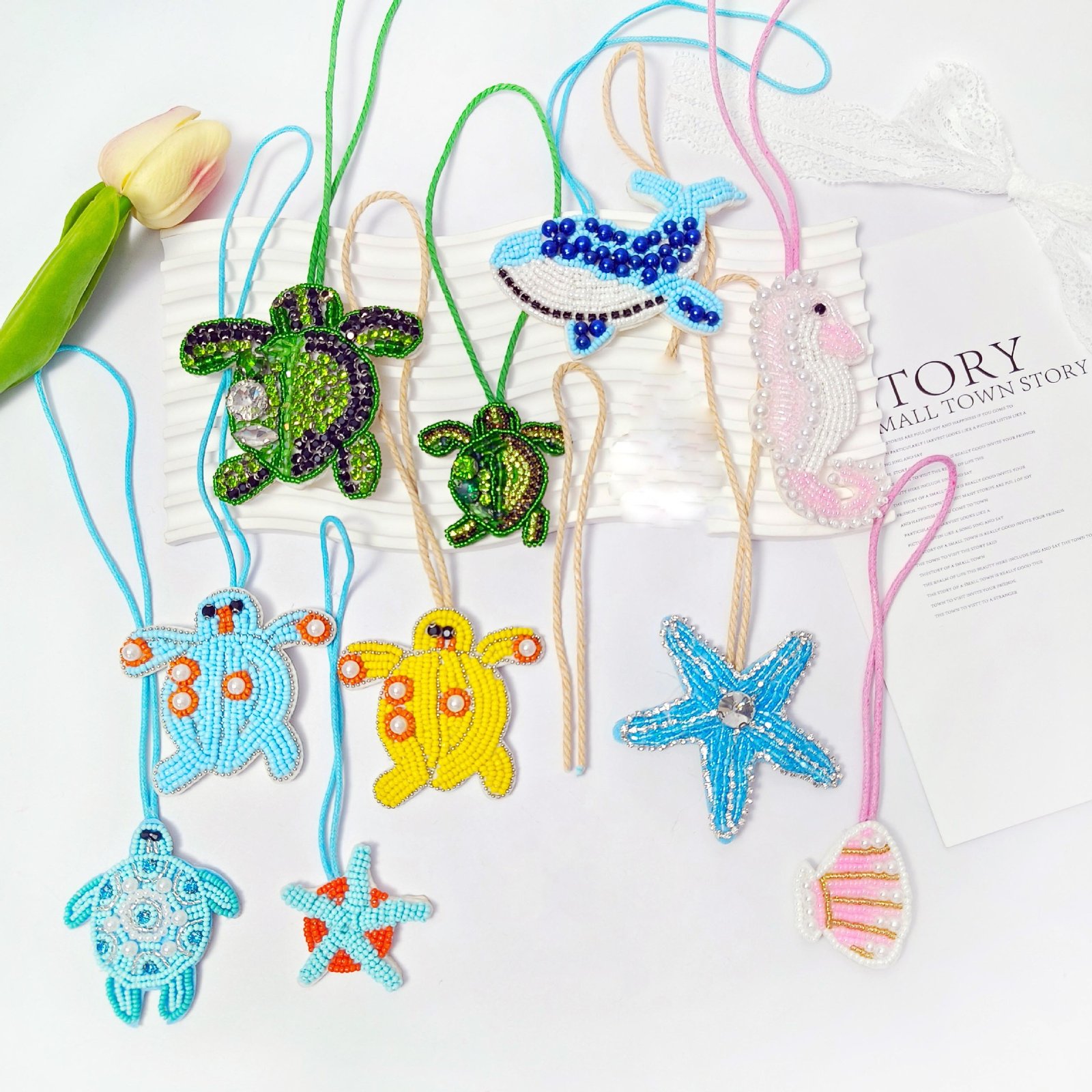 Ocean animal lace pendants starfish turtle fish handmade embroidery applique set