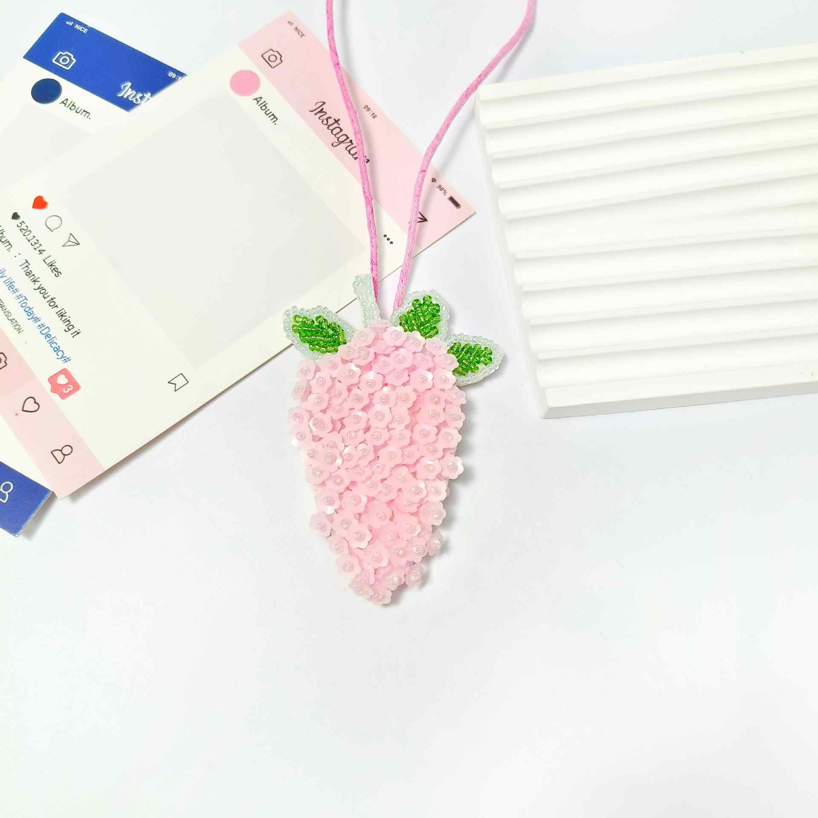 Pink grape embroidery pendant handmade beaded applique DIY fruit lace accessory