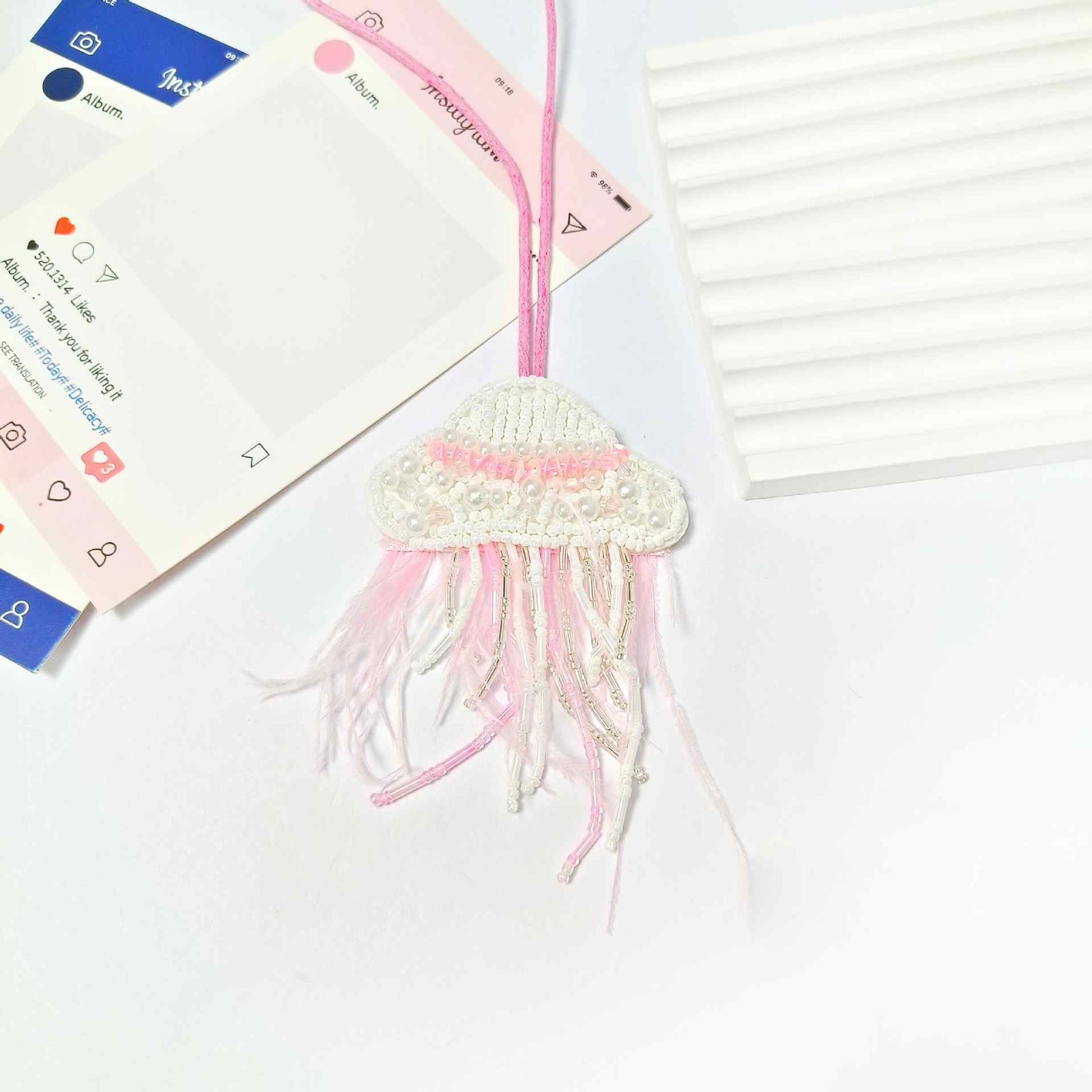 Pink jellyfish embroidery pendant handmade lace applique beaded ocean DIY accessory