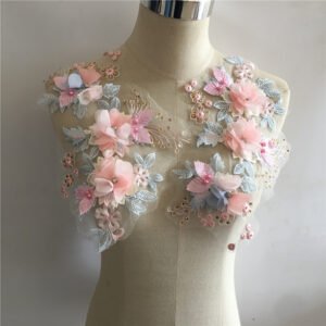 Handmade 3D floral lace applique with pearls, elegant sewing accessory for gowns